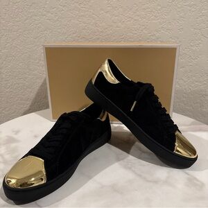 Michael Kors 7.5 Frankie Black and Gold Low-Top Suede Sneakers NWT